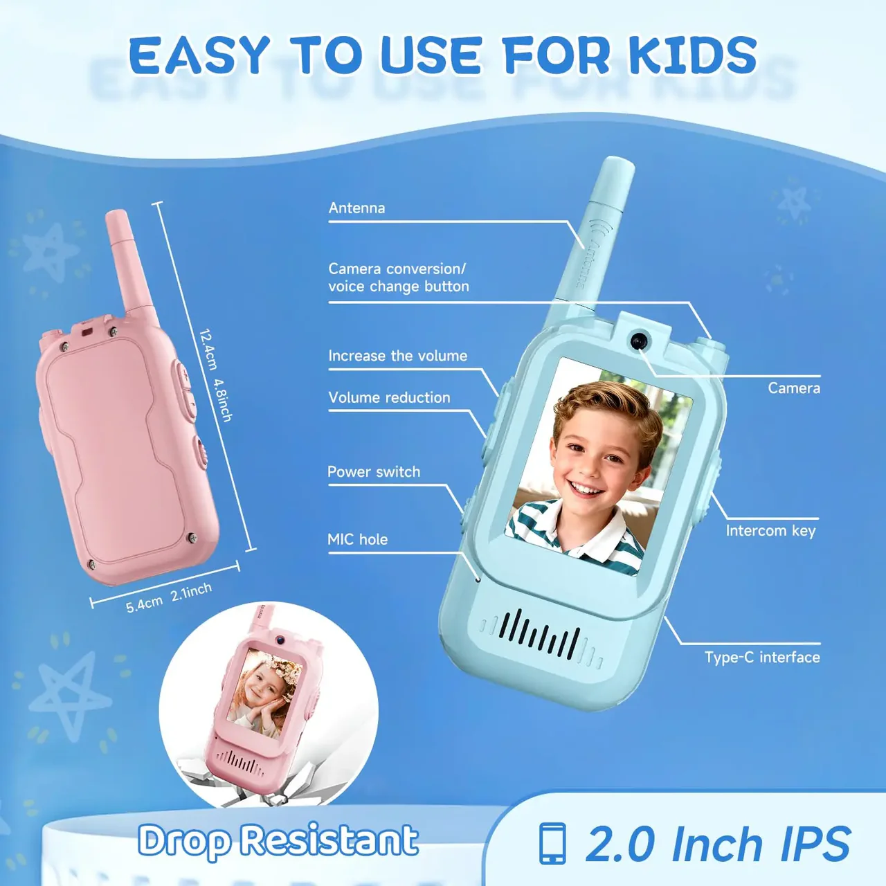 2Pcs Rechargeable Kids Video Walkie Talkie