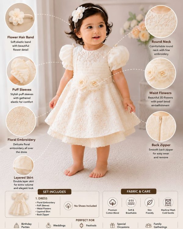 Elegant Baby Girl Party Dress – Cream Embroidered Dress Set