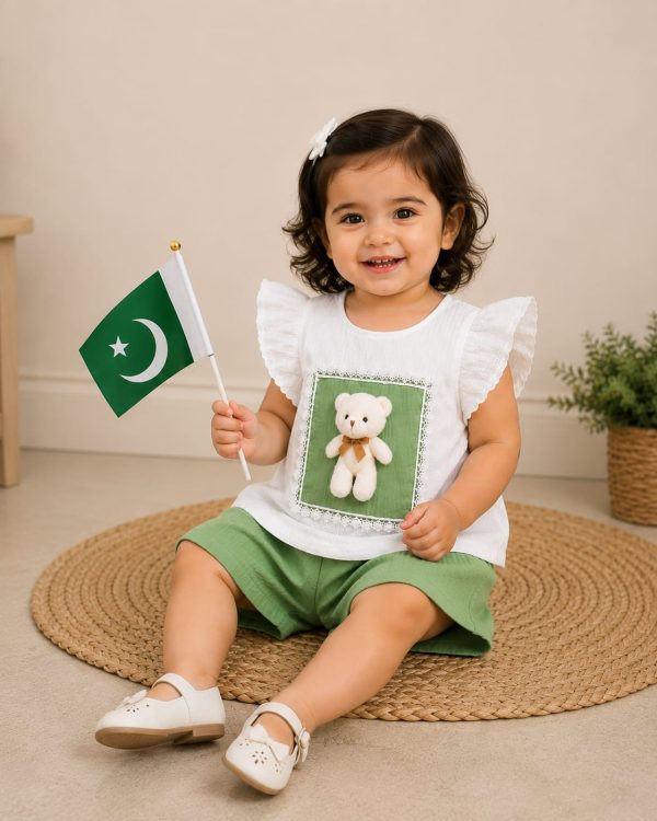 Pakistan Independence Day Kids Outfit – Teddy Bear White & Green Set