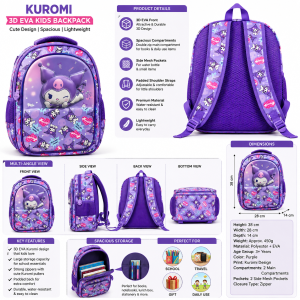 Kuromi Premium 3D EVA Kids Backpack – Cute & Spacious School Bag
