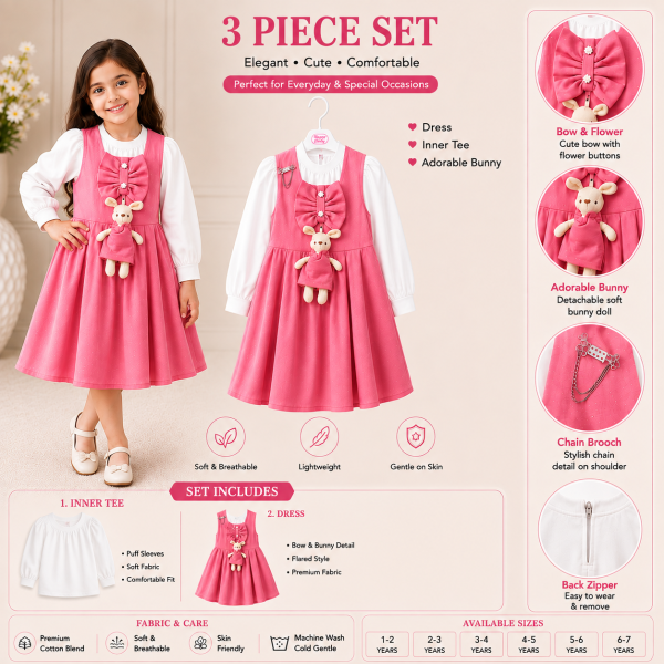 Girls Pink 3-Piece Bow Dress Set with Inner Tee