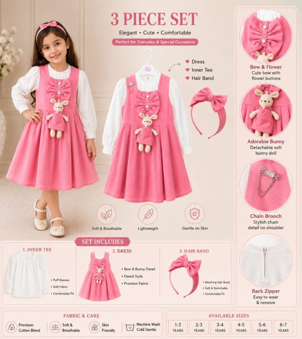 Girls Pink 3-Piece Bow Dress Set with Inner Tee & Hair Band